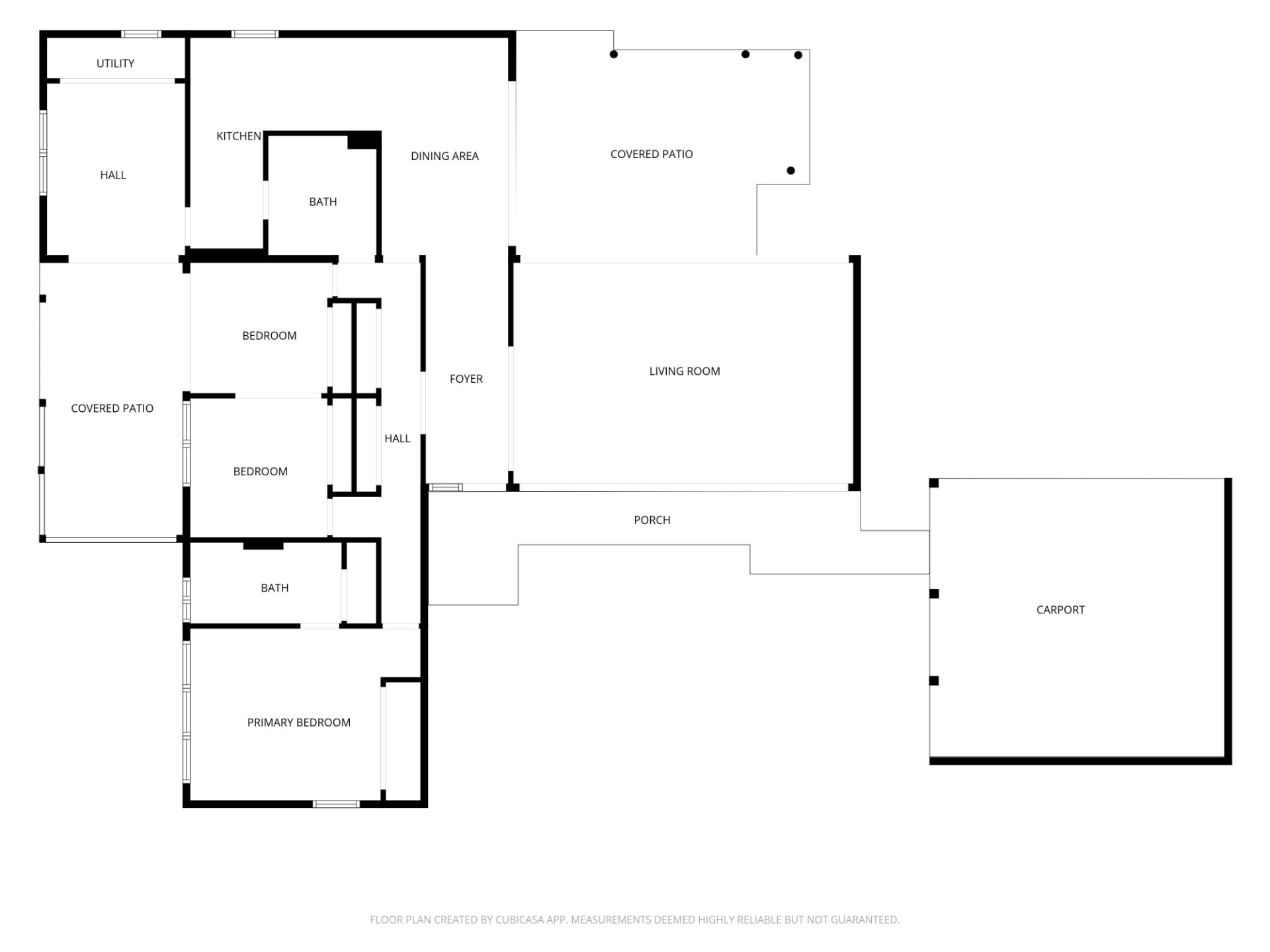 Floor plan for 313 Anolani St showing kitchen, dining area, living room, bedrooms, bathrooms, covered patio, porch, and carport layout